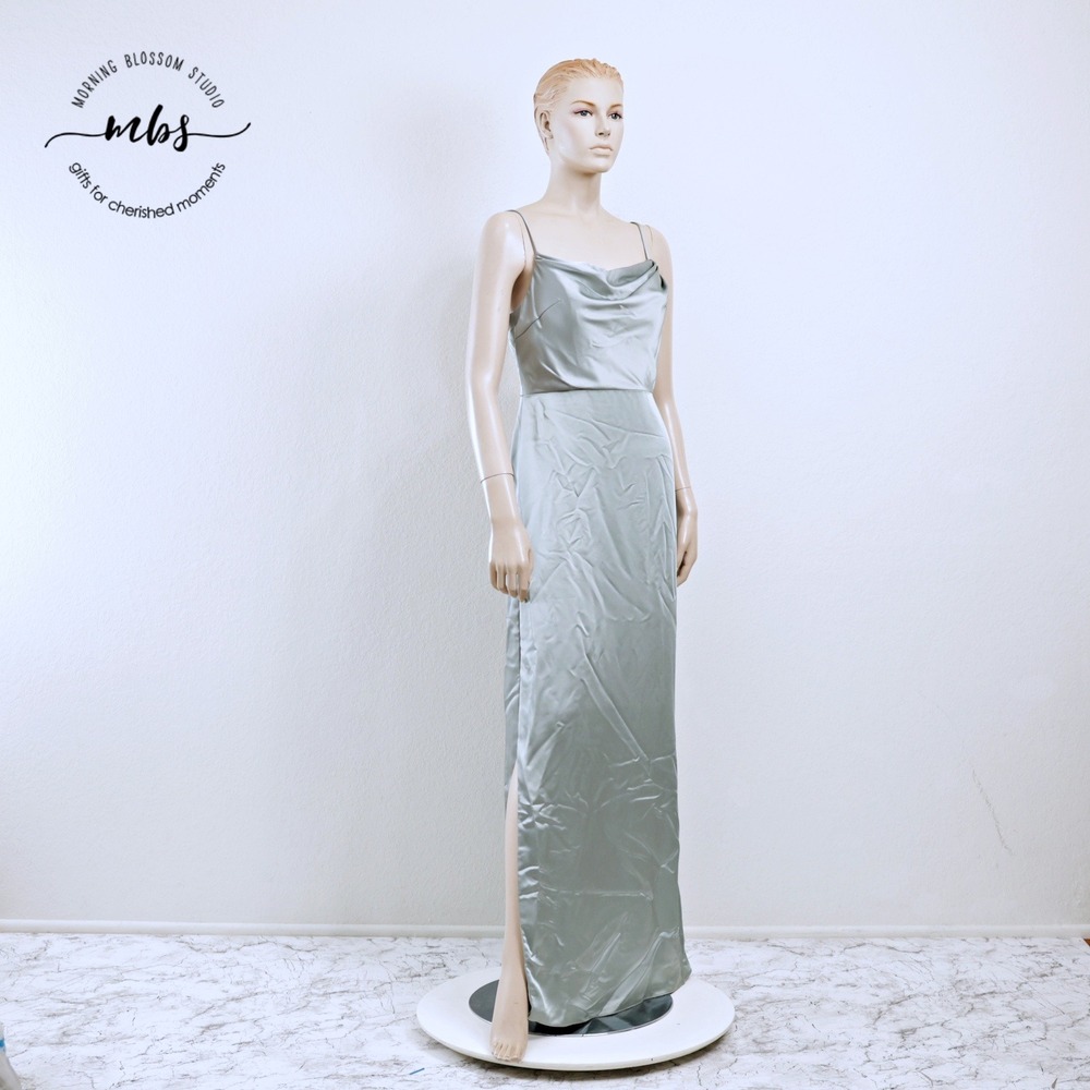 Sorella Vita Satin Sweetheart Minimalist Sheath Side Slit Maxi Dress Green 10